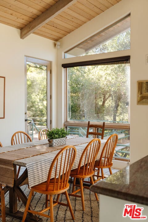 dining room with wood ceiling, plenty of natural light, and vaulted ceiling with beams