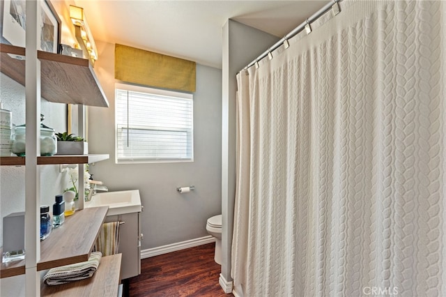 bathroom featuring vanity, hardwood / wood-style flooring, and toilet