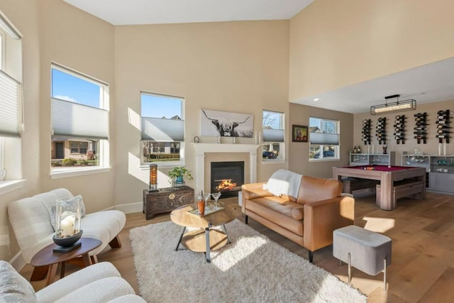 living room with a towering ceiling and wood-type flooring