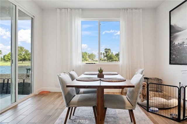 dining space with a water view, a wealth of natural light, and light hardwood / wood-style flooring