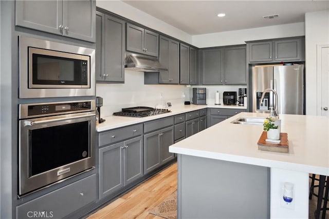 kitchen featuring sink, a breakfast bar area, gray cabinetry, stainless steel appliances, and an island with sink