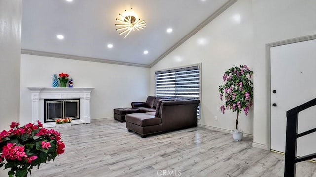 living room with ornamental molding, high vaulted ceiling, and light wood-type flooring