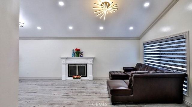 living room featuring crown molding, lofted ceiling, and light hardwood / wood-style flooring