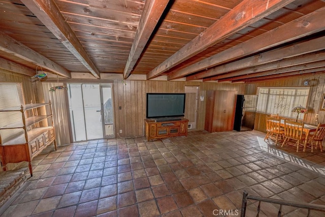 unfurnished living room featuring wood ceiling, beam ceiling, and wood walls