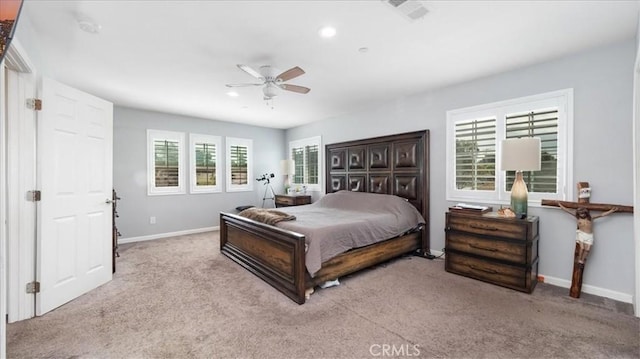bedroom featuring recessed lighting, carpet flooring, visible vents, and baseboards
