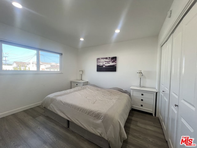 bedroom with dark wood-type flooring and a closet