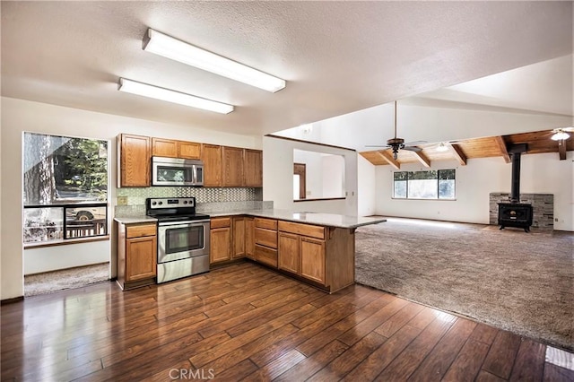 kitchen with a wood stove, kitchen peninsula, a healthy amount of sunlight, and appliances with stainless steel finishes