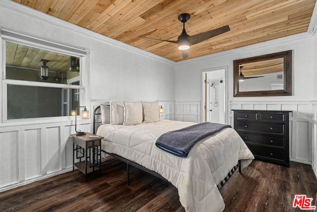 bedroom with wood ceiling, ornamental molding, dark hardwood / wood-style floors, and ceiling fan