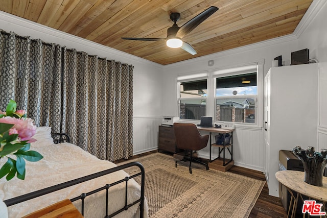 bedroom with crown molding, dark wood-type flooring, ceiling fan, and wood ceiling