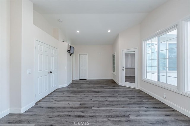 interior space with vaulted ceiling and dark wood-type flooring