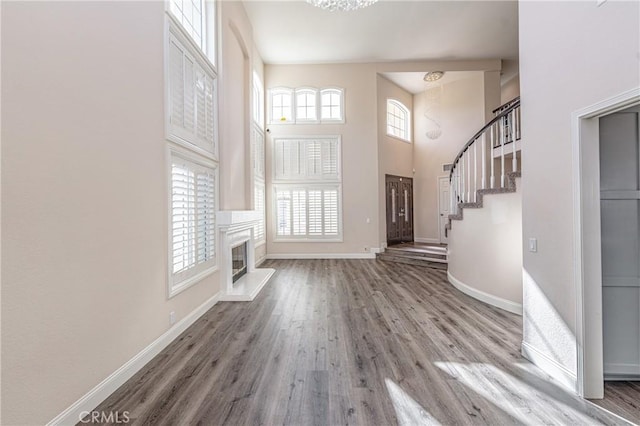 foyer entrance with hardwood / wood-style floors and a towering ceiling