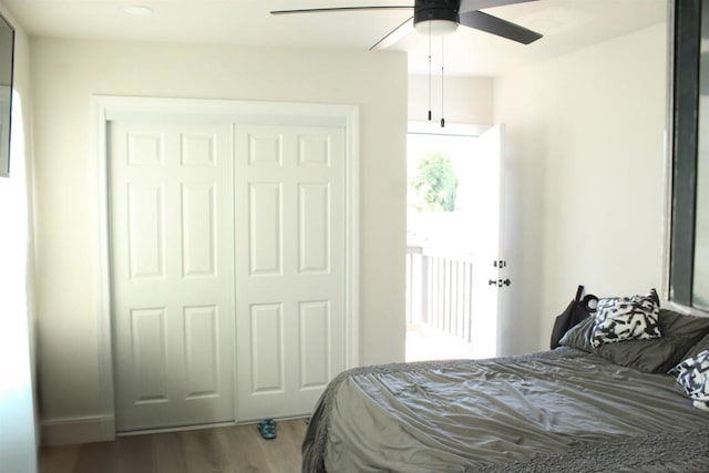 bedroom with hardwood / wood-style flooring, ceiling fan, and a closet