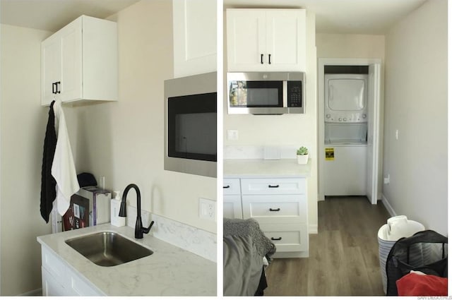 kitchen with sink, light stone counters, light hardwood / wood-style flooring, stacked washer / dryer, and white cabinets