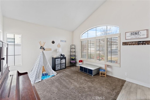 recreation room featuring high vaulted ceiling