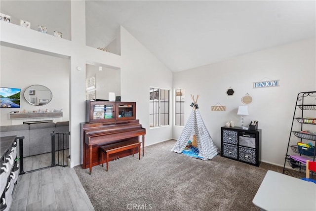 recreation room with dark hardwood / wood-style floors and high vaulted ceiling