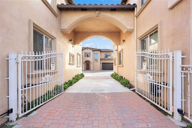 view of patio featuring a garage