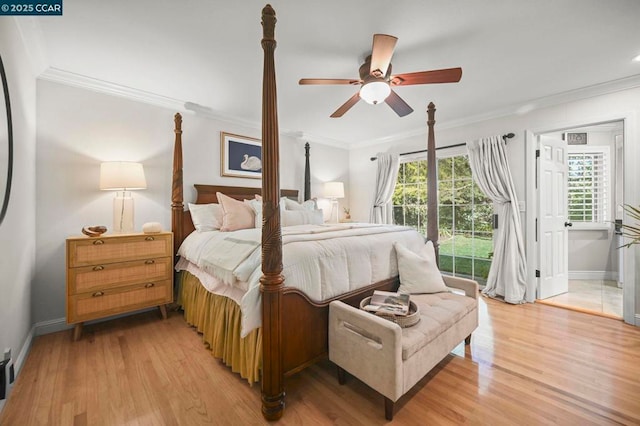 bedroom with crown molding, ceiling fan, and light wood-type flooring