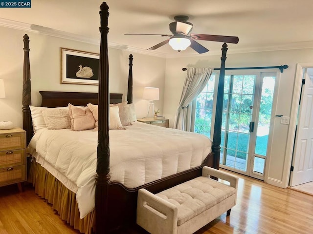 bedroom featuring access to exterior, ornamental molding, light hardwood / wood-style floors, and ceiling fan