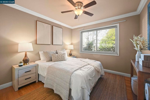 bedroom featuring ornamental molding, ceiling fan, and light wood-type flooring