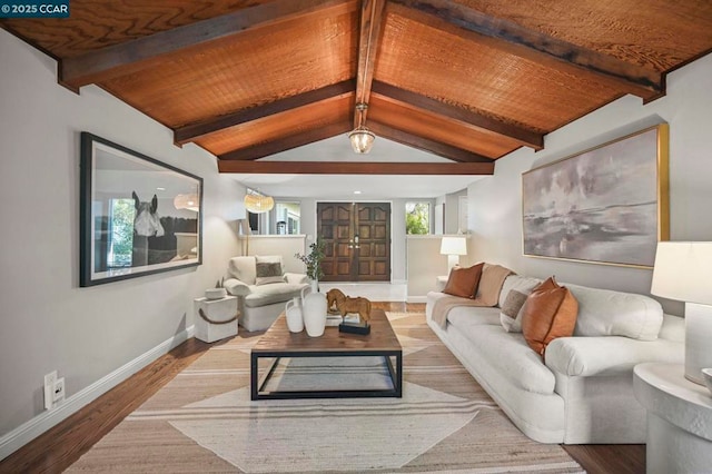 living room with wood-type flooring, lofted ceiling with beams, and wooden ceiling