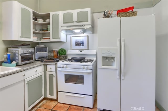 kitchen featuring white cabinetry and white appliances