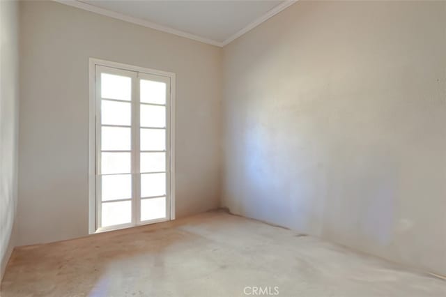 empty room featuring crown molding and light carpet