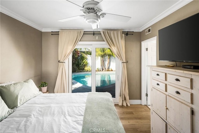 bedroom with access to exterior, crown molding, ceiling fan, and light wood-type flooring