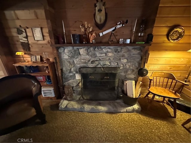 details featuring a stone fireplace and carpet flooring