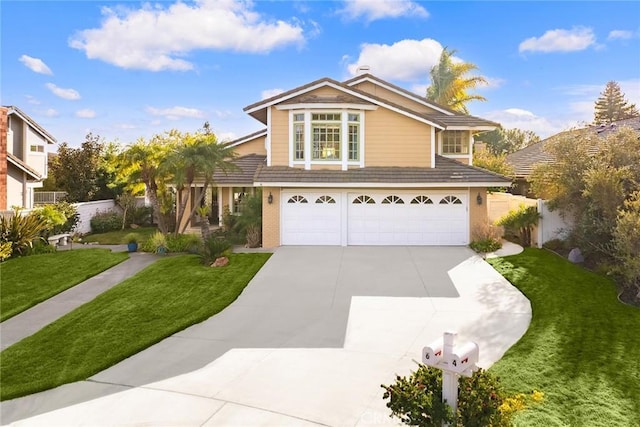 view of property featuring a garage and a front lawn