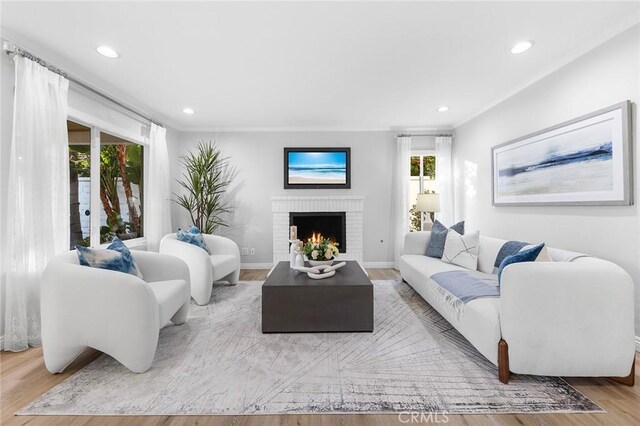 living room with wood-type flooring and a brick fireplace