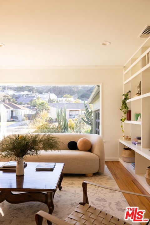 living area featuring ornamental molding and wood-type flooring