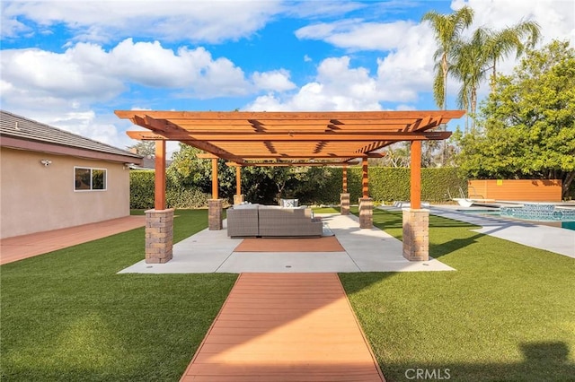 view of yard with a patio, an outdoor hangout area, and a pergola