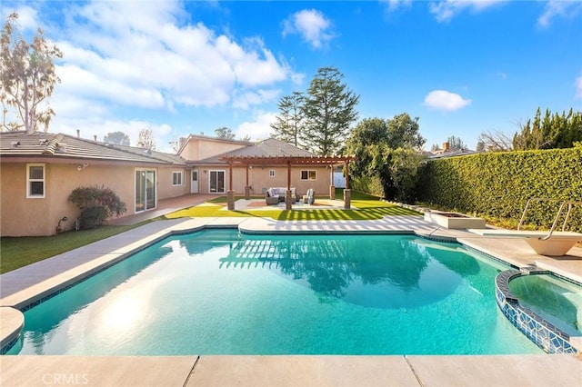 view of swimming pool featuring an in ground hot tub, an outdoor living space, and a patio