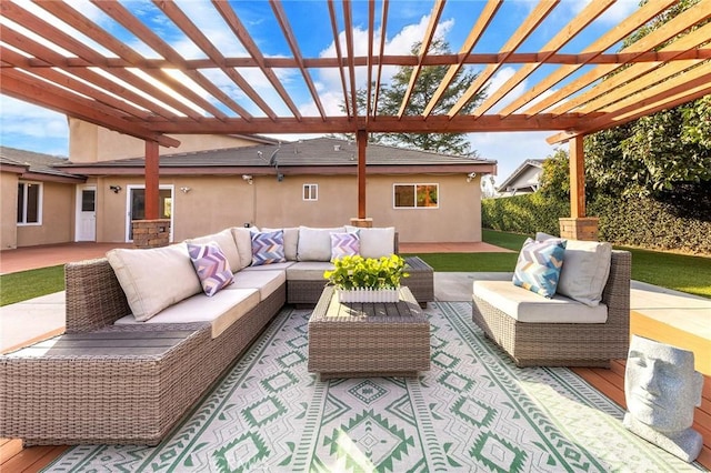 view of patio / terrace with outdoor lounge area and a pergola