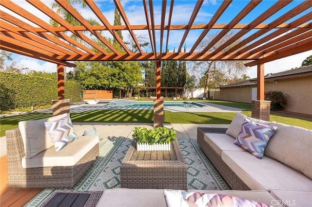 view of patio with a fenced in pool, an outdoor hangout area, and a pergola