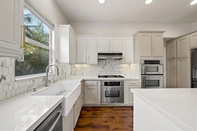 kitchen featuring dark wood-type flooring, sink, stainless steel appliances, light stone countertops, and decorative backsplash