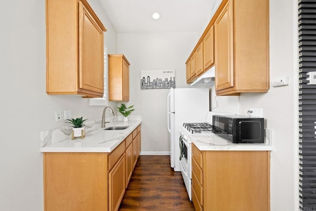 kitchen with sink, dark hardwood / wood-style floors, and white gas range