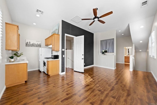 kitchen featuring ceiling fan, white appliances, dark hardwood / wood-style flooring, and sink