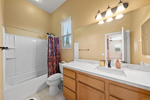 full bathroom with shower / tub combo with curtain, vanity, toilet, and tile patterned flooring