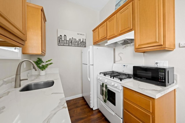 kitchen featuring sink, white gas stove, light stone counters, and dark wood-type flooring