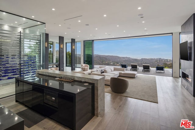 interior space featuring light hardwood / wood-style floors and a wall of windows