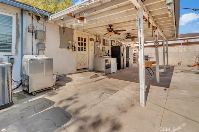 view of patio / terrace featuring central air condition unit, ceiling fan, and fence