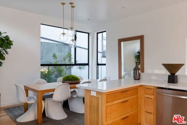 kitchen with decorative light fixtures, a wealth of natural light, stainless steel dishwasher, and kitchen peninsula