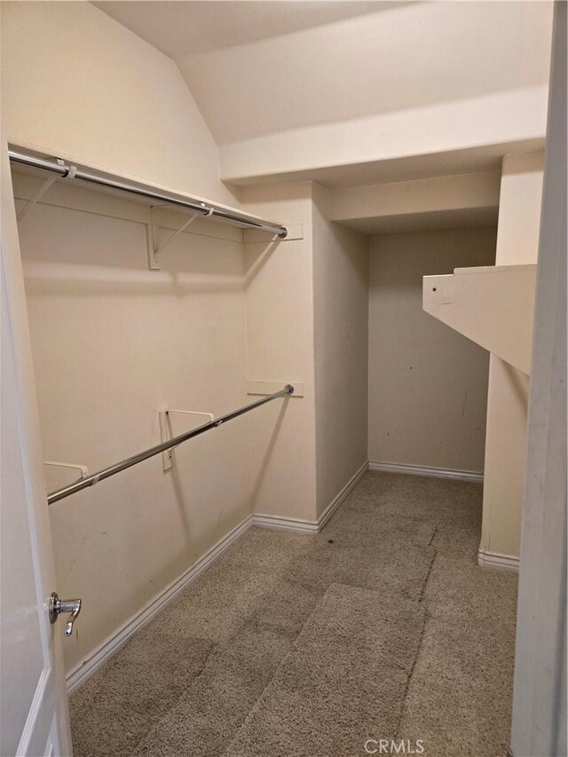 walk in closet with vaulted ceiling and carpet flooring