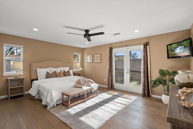 bedroom featuring french doors, ceiling fan, hardwood / wood-style floors, and access to outside