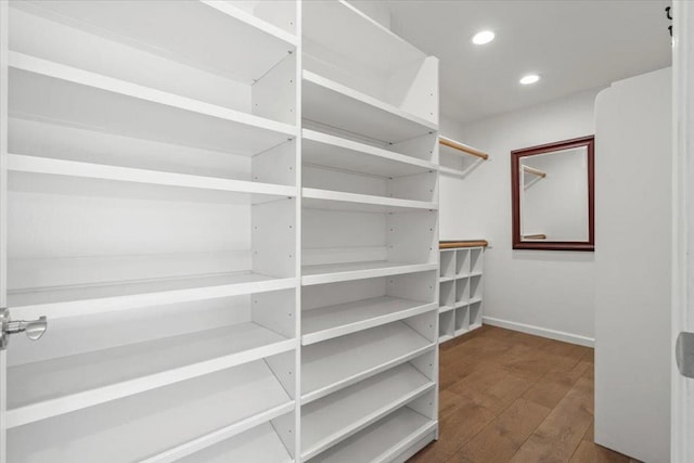 spacious closet with dark wood-type flooring