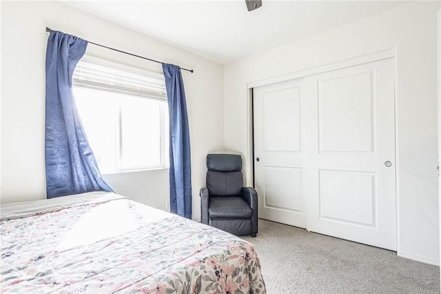 bedroom with carpet flooring and a closet