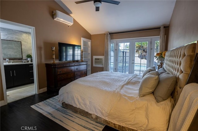 bedroom featuring ceiling fan, vaulted ceiling, dark hardwood / wood-style flooring, access to outside, and an AC wall unit