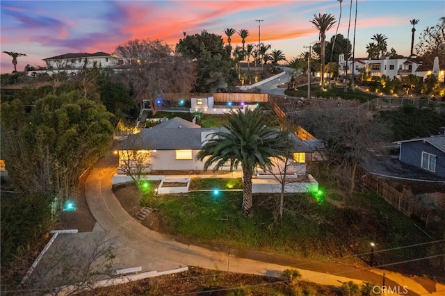 view of aerial view at dusk