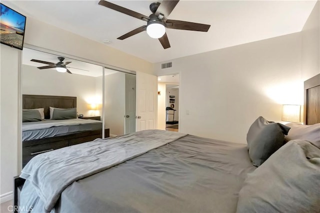 bedroom featuring a ceiling fan, visible vents, and a closet